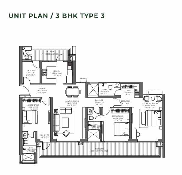 3 BHK Residence floor plan layout