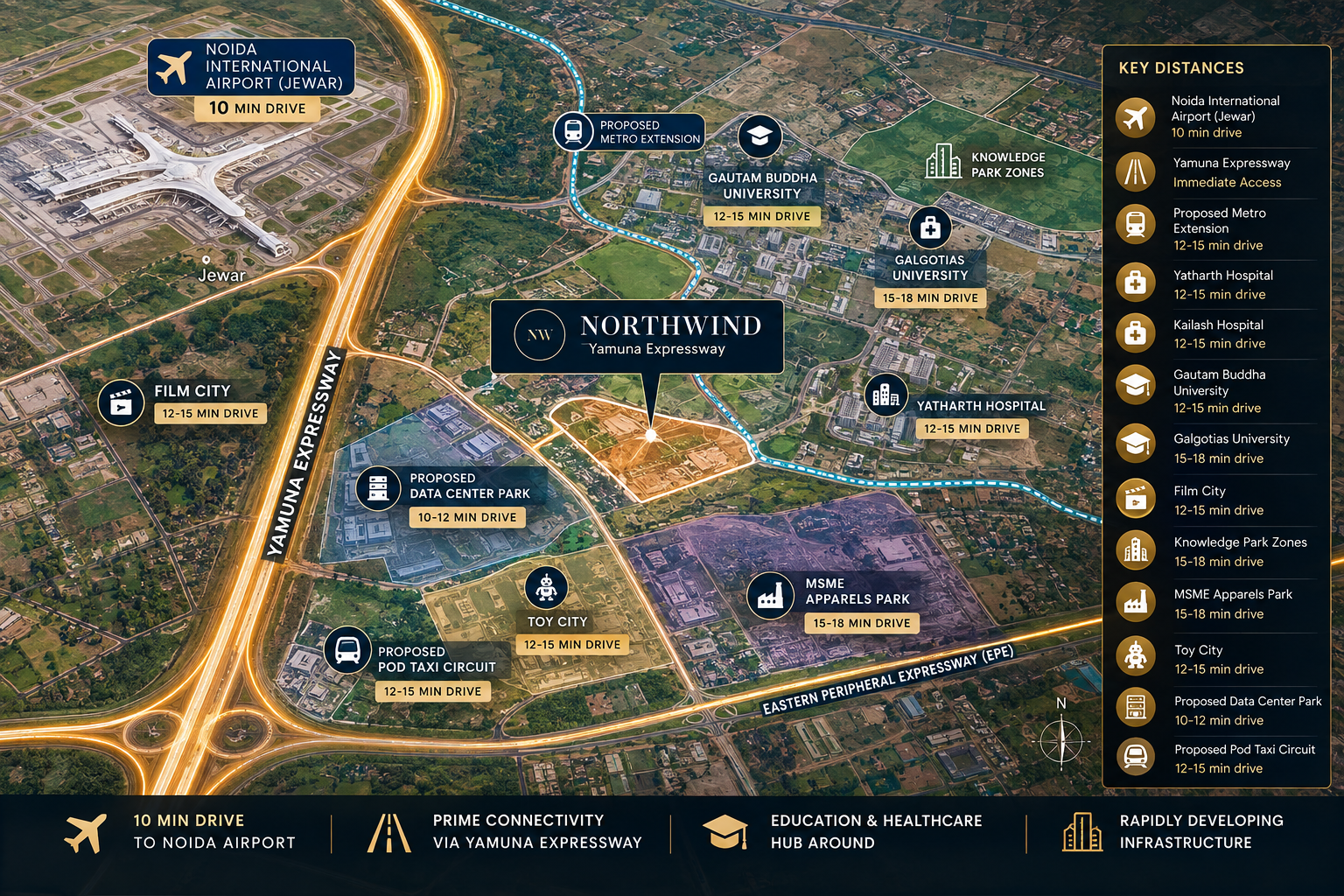 Northwind Yamuna location map showing key distances to Noida International Airport, Yamuna Expressway, universities, hospitals, and nearby developments